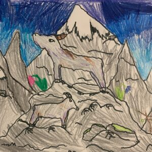 Marjorie Newberg, grade 4, "Mountain Glory," 9x12 in. For this assignment students were given the challenge to create the illusion of distance in a work. Marjorie organized her composition by showing careful attention to the size of the objects and their positioning on the page.