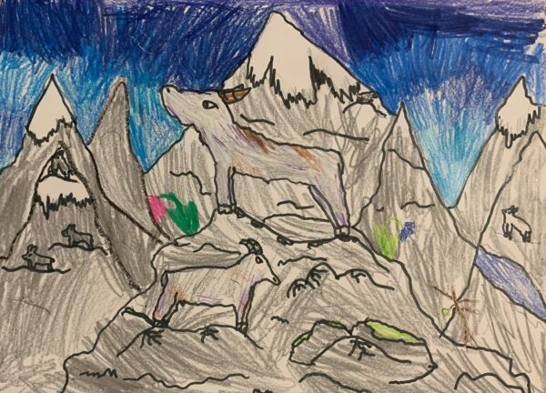 Marjorie Newberg, grade 4, "Mountain Glory," 9x12 in. For this assignment students were given the challenge to create the illusion of distance in a work. Marjorie organized her composition by showing careful attention to the size of the objects and their positioning on the page.