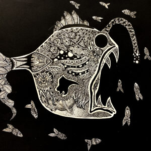 Smriti Rijal, grade 10, "Angler," micron pen on paper, 13x13 in. Here, Smriti creates a composition of balanced positive and negative space, depicting an angler fish in the process. The space inside the angler fish is filled with various mark-making techniques, playing with line weight and pattern. This drawing, at least in part, was a practice in automatic drawing, which plays with mark-making as a mindful and meditative process.