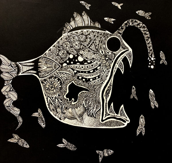 Smriti Rijal, grade 10, "Angler," micron pen on paper, 13x13 in. Here, Smriti creates a composition of balanced positive and negative space, depicting an angler fish in the process. The space inside the angler fish is filled with various mark-making techniques, playing with line weight and pattern. This drawing, at least in part, was a practice in automatic drawing, which plays with mark-making as a mindful and meditative process.