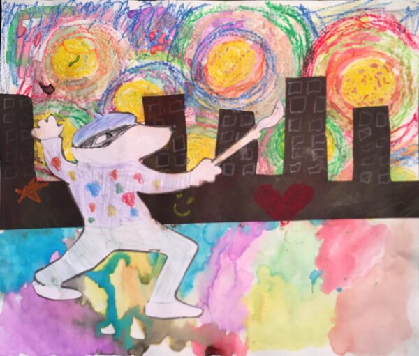 Heather Hartzell, grade 1, "Art Dog," cut paper/oil pastel/watercolor, 12x14 in. "Art Dog" is a creative story about a dog who works at an art museum by day, and is an artist by night. Combining watercolor resist painting and collage, students created their own "City Rhapsody." Heather's night sky emulates Van Gogh's "Starry, Starry Night" with an emphasis on the contrasting colors to make the stars visually "pop" or stand out. Her attention, also, to the technique of watercolor "wash" is evident throughout the artwork creating a complete and uniform artwork.