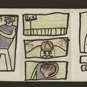 Steve Rahley, grade 5, "Batter Up," colored pencil, 4.5x12 in. For this assignment, students were asked to visually tell a story. Steve's portrayal of the figure demonstrates his understanding of proportion. The gestures create a sense of actin as the events in the story unfold.