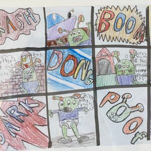 Cameron Nguyen, grade 2, "Cameron's Comic," pencil, crayon, & marker, 9x12 in. Second graders studied the work of pop artist, Roy Lichtenstein. We focused on sound words in our artwork, which is why you will see so many words like "bark," "boom," and "crash" in Cameron's piece. I'm so impressed by Cameron's typography and use of imagination in her comic strips. It's funny and playful, just like Cameron!