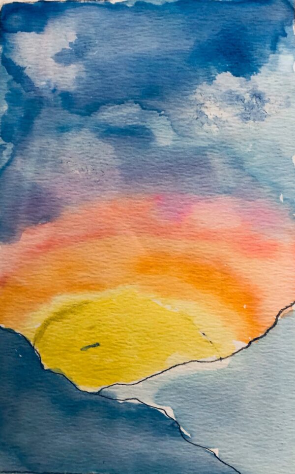 Hannah Crocker, grade 6, "Clouds," watercolor, 16x9 in. Artists experimented with watercolor in creating clouds along with the landscape. Students are introduced to many different techniques working with color application. Hannah has a sandwiched glowing sun above the landscape with clouds.