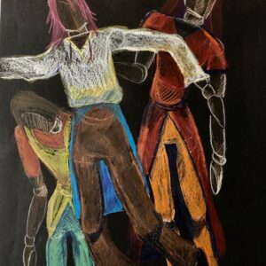 Anna LaRowe, grade 8, "Dancing Figures," colored pencil on black construction paper, 20x16 in. Students studied the figure using mannequins in findings proportions that were realistic for the figure. Later on, they took the information and applied clothing and color. Here, Anna has created figures that appear to be dancing.