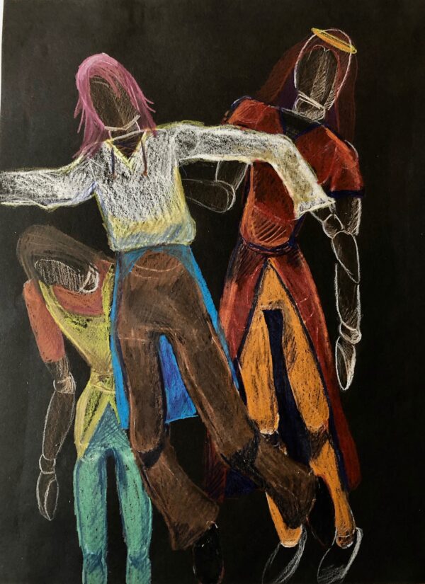 Anna LaRowe, grade 8, "Dancing Figures," colored pencil on black construction paper, 20x16 in. Students studied the figure using mannequins in findings proportions that were realistic for the figure. Later on, they took the information and applied clothing and color. Here, Anna has created figures that appear to be dancing.