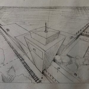 Amelia DeHoff, grade 8, "Dystopian Perspective," graphite, 13x18 in. Students studied three point perspective. They also studied Dystopian living within another assignment. Amelia has combined a dystopian point of view with a barren city scape that is very formal and organized similar to a dystopian society.