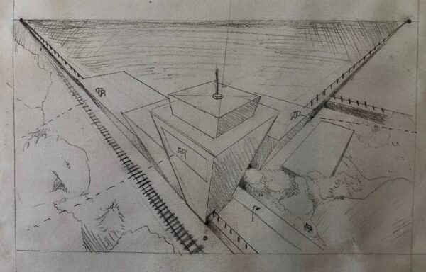 Amelia DeHoff, grade 8, "Dystopian Perspective," graphite, 13x18 in. Students studied three point perspective. They also studied Dystopian living within another assignment. Amelia has combined a dystopian point of view with a barren city scape that is very formal and organized similar to a dystopian society.