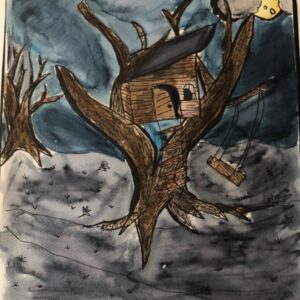 Keira Oliveto, grade 6, "Eerie Tree House," watercolor & marker, 20x16 in. Creating landscape in watercolor along with a mood was the main idea in the lesson. Keira has included a windy effect created by line information.