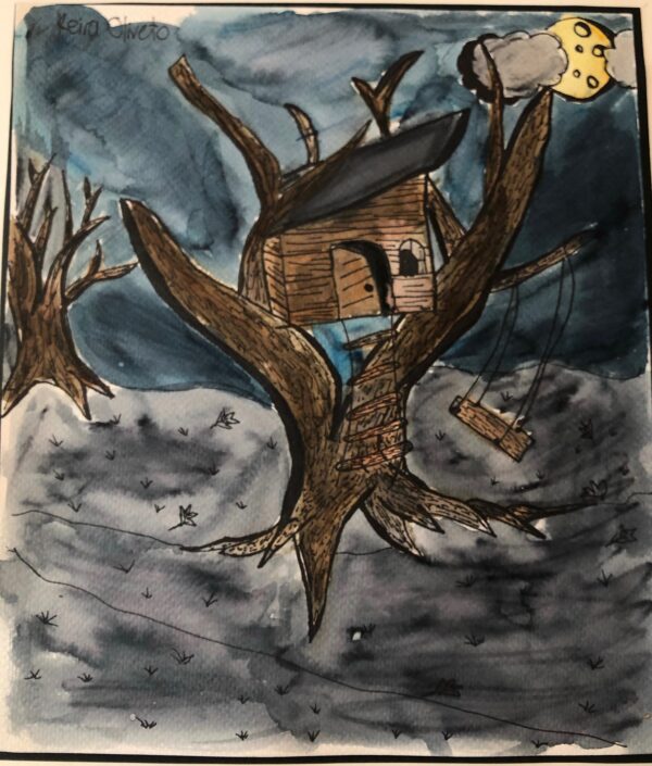 Keira Oliveto, grade 6, "Eerie Tree House," watercolor & marker, 20x16 in. Creating landscape in watercolor along with a mood was the main idea in the lesson. Keira has included a windy effect created by line information.