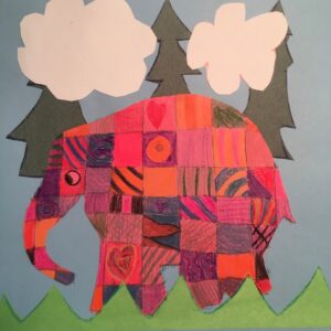 Virginia Parton, grade 1, "Elmer," cut paper/colored pencil, 12x14 in. "Elmer's Special Day" is a lovely story about inclusion. Students created their own Elmer focusing on patterns and colors of their choosing. Ginny's artwork illustrates patterns and color that are organized and balanced. Additionally, Ginny creates an environment that shows Elmer is "in front" of the trees and "behind" the grass which is a collage technique emphasized.