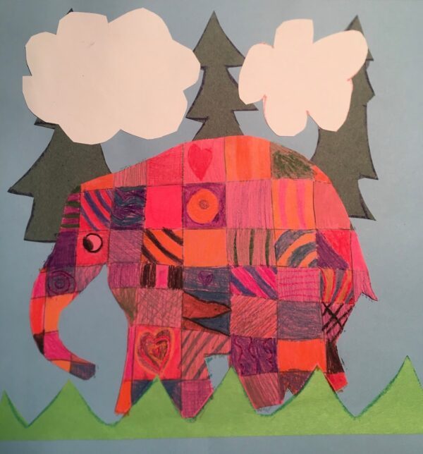 Virginia Parton, grade 1, "Elmer," cut paper/colored pencil, 12x14 in. "Elmer's Special Day" is a lovely story about inclusion. Students created their own Elmer focusing on patterns and colors of their choosing. Ginny's artwork illustrates patterns and color that are organized and balanced. Additionally, Ginny creates an environment that shows Elmer is "in front" of the trees and "behind" the grass which is a collage technique emphasized.