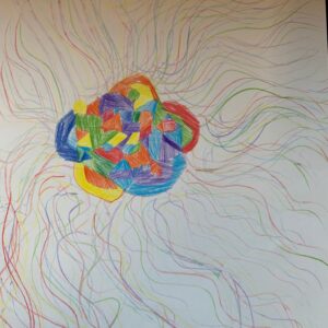 Addison Liljedahl, grade 5, "Emotion," 9x12 in. For this assignment students were asked to visually portray an emotion. Addison's bold color choice is both energetic and calming. Her mark making creates an implied sense of movement in this piece.