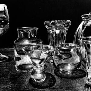 Paulina Derevyanko, grade 10, "Empty Glasses," colored pencil, 12x18 in. Working from a still life, Paulina masterfully renders a reverse value drawing. She renders the strongest highlights first, softly transitioning through mid tones, and allowing the paper to represent shadow. The result is a crisp, illuminated study of glassware.