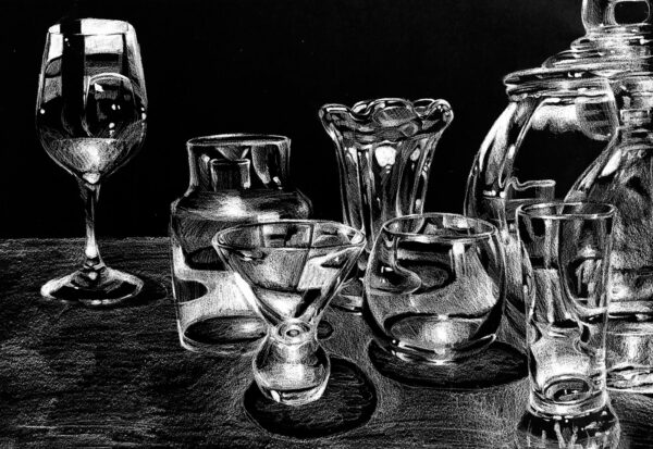 Paulina Derevyanko, grade 10, "Empty Glasses," colored pencil, 12x18 in. Working from a still life, Paulina masterfully renders a reverse value drawing. She renders the strongest highlights first, softly transitioning through mid tones, and allowing the paper to represent shadow. The result is a crisp, illuminated study of glassware.