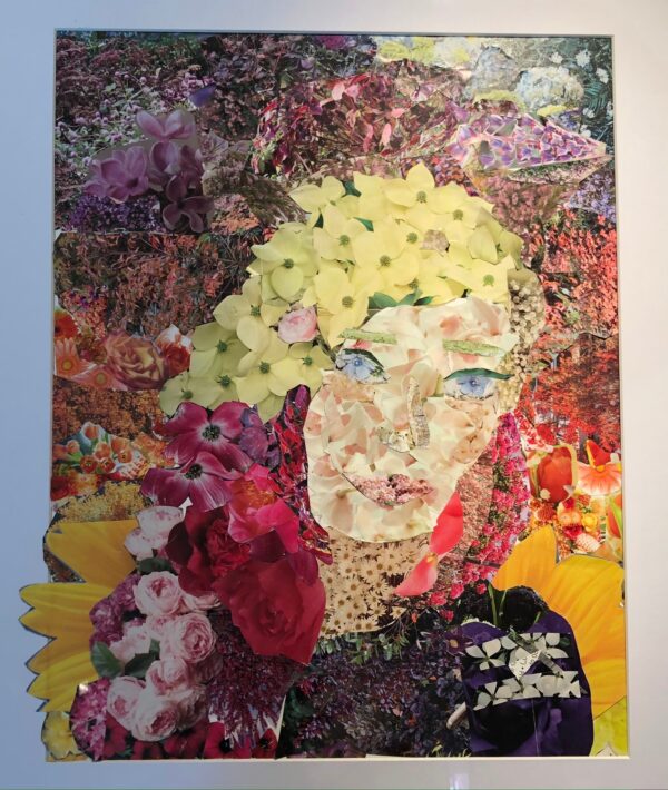 Gabrielle Zehme, grade 12, "Flora," collage, 11x14 in. In this lovely self-portrait Gabby interprets her visage through collaged floral images. She plays with scale, color, and placement of elements to develop a spirited, yet gentle portrait.