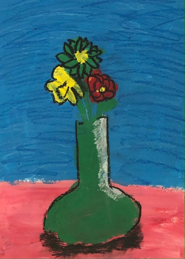 Nora Chafouk, grade 1, "Flowers in a Vase," tempera & oil pastel, 9x12 in. Celebrating Van Gogh's birthday, students painted their own flowers in a vase. These flowers in a vase are called a "still life." Artists used still life arrangements to improve their skills in observation. That being said, the project was simple. Paint a vase full of flowers on a table. Nora has done a tremendous job in creating a vase that looks three-dimensional with a simple arrangement of white flowers, using shading and highlight techniques with oil pastels.