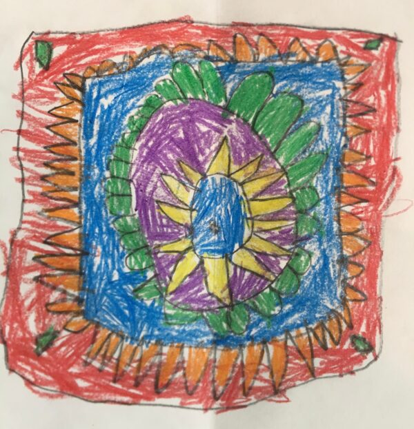 Colin Lynch, kindergarten, "Mandala," crayons, 8x8 in. Mandalas are concentric, geometric representations of one's "universe." Starting from the center, students created colorful designs based on their favorite colors, or shapes they like. What makes Colin's work stand out is his attention to detail and balance throughout his work, which are key elements, or philosophies, in how mandalas are created.