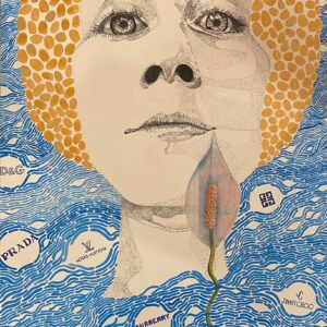 Grace O'Donnell, grade 12, "Mary A La Mode," mixed media, 18x14 in. In this thoughtful portrait, Grace considers the elevation of fashion icons to false idols in contemporary society. She uses ink to gently stipple the face of a haloed woman and then engulfs her in a sea of swirling logos.