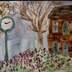 Sara Sahr, grade 6, "Medfield Town Hall," watercolor, 13x19 in. Students look at art work created by Dennis Miller Bunker, a Medfield artist, as well as other regional artists that lived around Medfield. Sara has recreated the Medfield Town House in describing what Medfield looks like today.