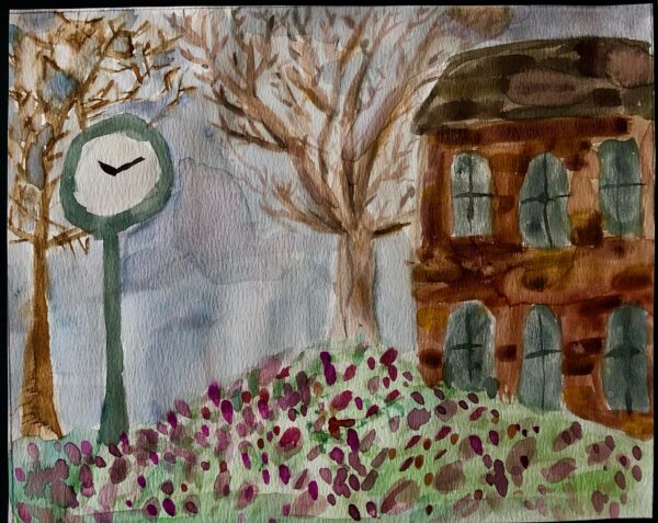 Sara Sahr, grade 6, "Medfield Town Hall," watercolor, 13x19 in. Students look at art work created by Dennis Miller Bunker, a Medfield artist, as well as other regional artists that lived around Medfield. Sara has recreated the Medfield Town House in describing what Medfield looks like today.