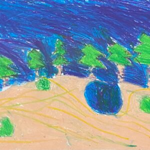 Owen Aronowitz, grade 3, "Monet Inspired Landscape," oil pastel on paper, 9x12 in. Third graders created oil pastel drawings in the style of Claude Monet. We discussed the life and work of the French impressionist painter. Students were then asked to create a drawing that felt like "plain air" or as if they were working outside. Owen did a fantastic job creating his outdoor space. His use of blending cool colors in the sky creates a dark and stormy mood in the atmosphere. Owen's work is a great example of exploring and appreciating materials.