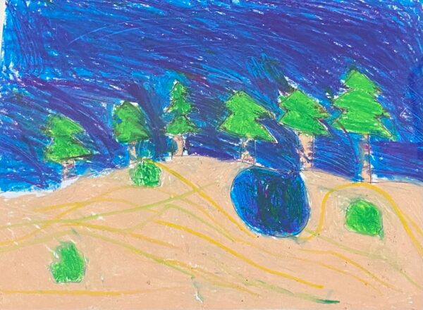 Owen Aronowitz, grade 3, "Monet Inspired Landscape," oil pastel on paper, 9x12 in. Third graders created oil pastel drawings in the style of Claude Monet. We discussed the life and work of the French impressionist painter. Students were then asked to create a drawing that felt like "plain air" or as if they were working outside. Owen did a fantastic job creating his outdoor space. His use of blending cool colors in the sky creates a dark and stormy mood in the atmosphere. Owen's work is a great example of exploring and appreciating materials.