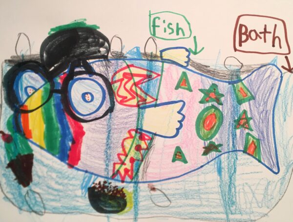 Hannah Arnold, grade 1, "Only One You," marker/colored pencil, 9x12 in. "Only One You" is a charming story about being yourself. Students created their own, unique fish using a template. What makes Hannah's artwork stand out is how she gave her fish such a unique personality by giving her fish glasses and creating a colorful environment for her fish to live in.