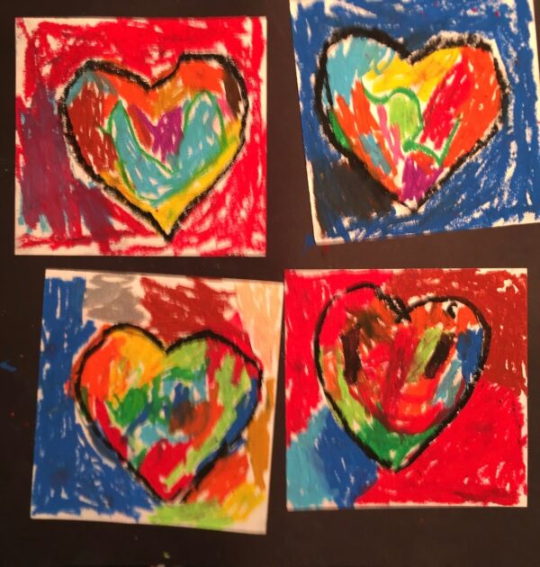 Edmond Nejm, kindergarten, "Pop He'ART,'" oil pastel, 12x12 in. Jim Dine, a contemporary artist, explored color, texture, and composition using a heart as a universal "vehicle" for his explorations. Eddy embraces the exploratory spirit in his work with eye-catching arrangements of colors and emphasis on blending without losing the shape of the heart itself.