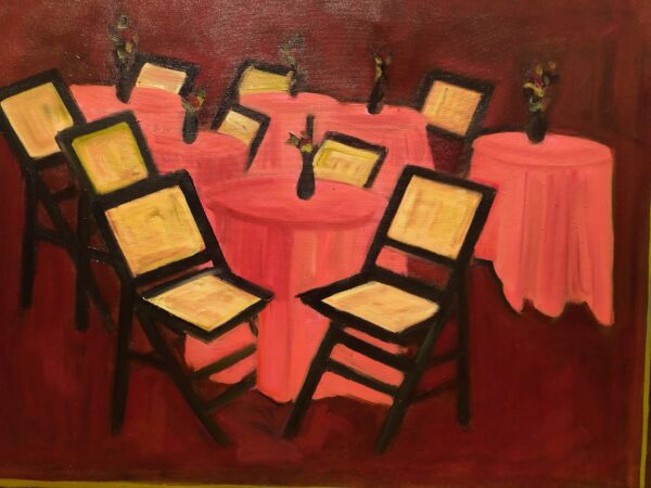 Nancy Deveno, teacher, "Restaurant," oil on canvas, 26x34 in.