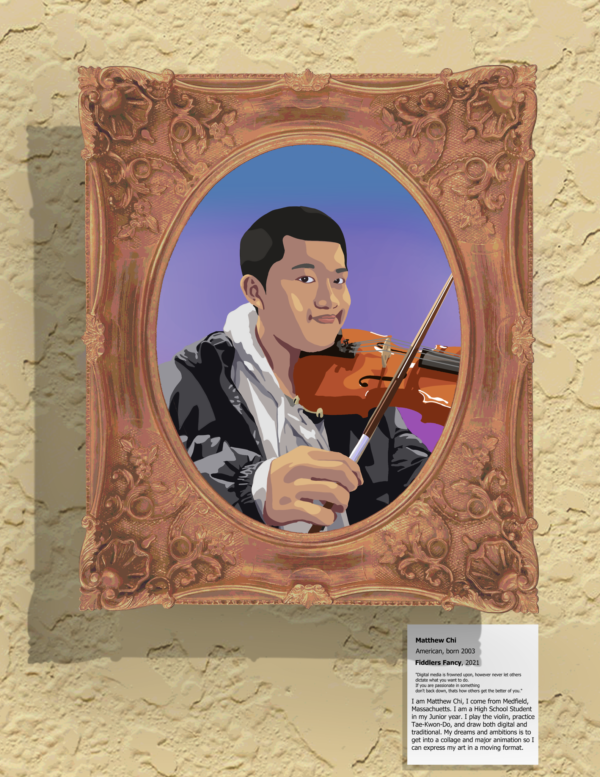 Matthew Chi, grade 11, "Museum Self-Portrait," digital print, 13x19 in. Students were asked to 'build' self portraits in Adobe's Illustrator vector drawing program. They were given. list of items to include, such as a museum label, wall texture, and ornate frame. Matthew's work is not only a highly skilled use of the tools, but a rich portrait of the artist's potential, his creativity, dreams and hopes for the future.