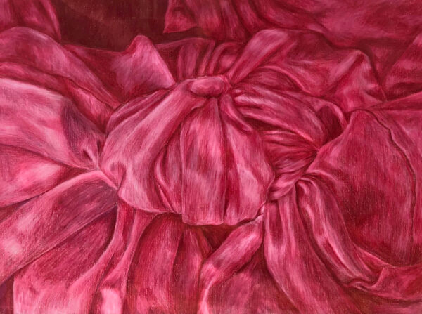 Zoe Whelan, grade 10, "Tangled," colored pencil, 12x16 in. This vibrant composition explores the volume and flow of drapery. Zoe uses a warm monochromatic palette to energize the undulating rhythm of the fabric with an almost organic quality.