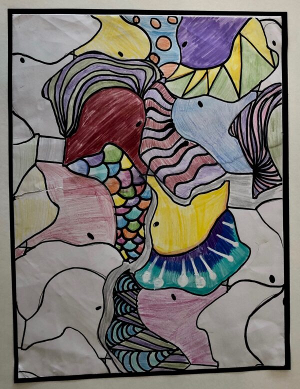 Alithea Varughese, grade 7, "Tessellation," colored pencil & marker, 16x20 in. Students studied different types of interlocking shapes that would tessellate. Alithea has used the rotational structure which created some of the new forms that interlock but also tessellate or move to other shapes.