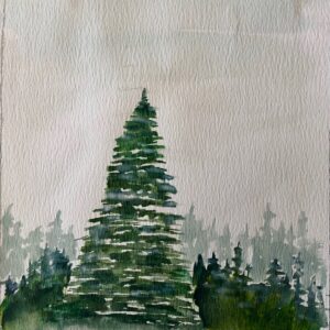 Molly Cragan, grade 6, "Trees," watercolor, 16x12 in. Creating distance in watercolor through the application of layers was the idea behind watercolor use. Molly waited for some layers to dry before applying new color. Here, we see distance in Molly's work as the background appears misty which is very realistic and almost looks photographic.