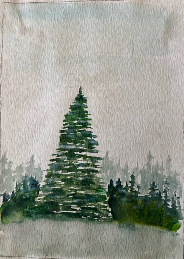 Molly Cragan, grade 6, "Trees," watercolor, 16x12 in. Creating distance in watercolor through the application of layers was the idea behind watercolor use. Molly waited for some layers to dry before applying new color. Here, we see distance in Molly's work as the background appears misty which is very realistic and almost looks photographic.