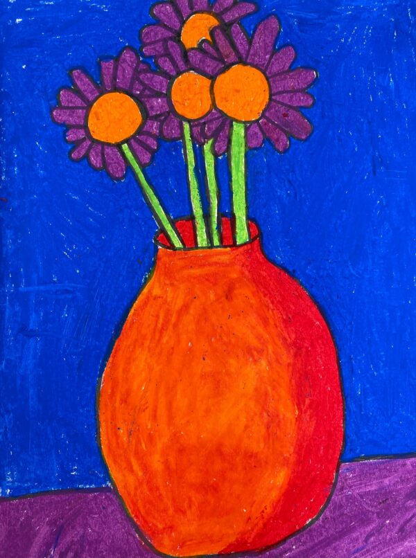 William Sroka, grade 2, "Van Gogh Inspired Sunflower," oil pastel on paper, 9x12 in. Second graders learned about the life and work of Vincent Van Gogh. They were asked to create a drawing inspired by the style of the Dutch painter. First we practiced the shape of an ellipse and vase. Once comfortable with the shapes, students were asked to use oil pastels to create sunflowers inside their vessels. William took a few weeks to carefully craft his artwork. I was so impressed that he took his time to beautifully shade and blend oil pastels together. Nice job!