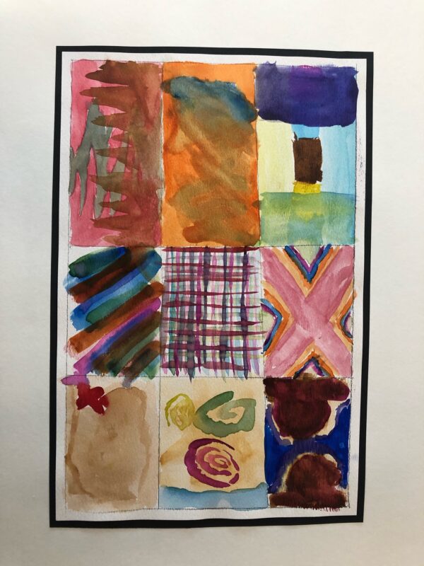 Ben Vasquez, grade 6, "Watercolor Studies," watercolor, 16x20 in. Students created small watercolor studies as an experiment in color and line use. They included overlaps allowing areas to dry first before applying another color. Ben has included color combinations along with patterned areas that give him information for future artwork using watercolors.