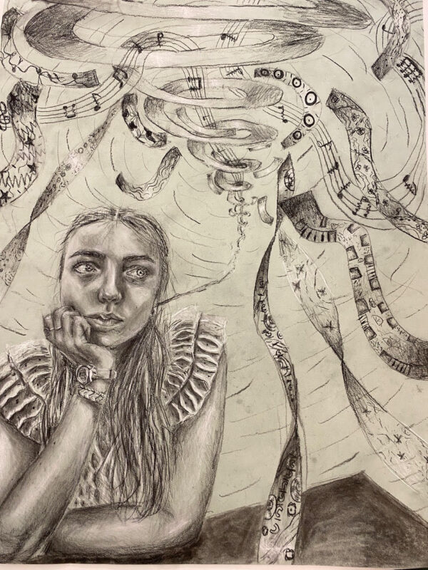 Abby Roux Grade 11 “Never Ending Song” charcoal on tinted paper 19 x 24 in.